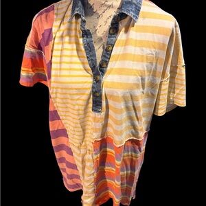 Free People Oversized Mixed Stripe Polo Dress Patchwork Denim Collar Size Small